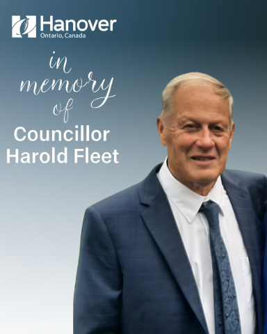 Town of Hanover Logo, text "in memory of Councillor Harold Fleet" with a photo of Councillor Fleet