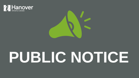 grey background with a green megaphone graphic and text saying public notice and white Town of Hanover logo in the top left corner
