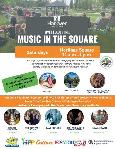 Music in the Square poster featuring live local performers at Heritage Square, 11 a.m.–1 p.m., with event details and community highlights in Hanover.