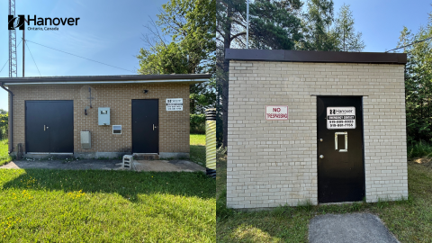 Photo of outside buildings of Well Number One and Well Number Two in the Town of Hanover, one building with brown bricks and brown doors and trim and the other with grey bricks and a brown door. Town of Hanover logo in black in the top left corner.