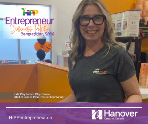 A photo of a blonde woman holding who pizzas and a town of hanover logo and HIPP Entrepreneur Business Pitch Competition 2026 logo