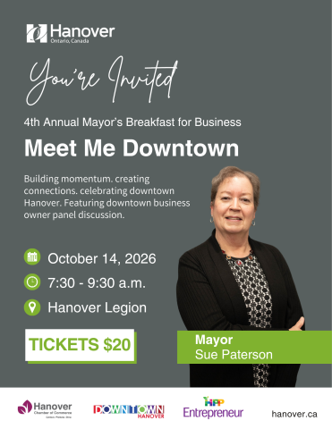Grey Background with photo of woman in a black sweater, text says, Mayor Sue Patterson. 4th Annual Mayor's Breakfast for Business