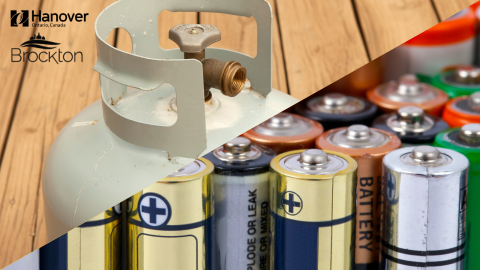 Propane tank and a handful of various batteries with Town of Hanover and Municipality of Brockton logos