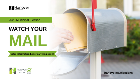 Person putting hand in metal mailbox grabbing mail text reads, "2026 Municipal Election, Watch Your Mail, Voter Information Letters arriving soon." Town of Hanover and Hanover votes logos and website hanover.ca/elections
