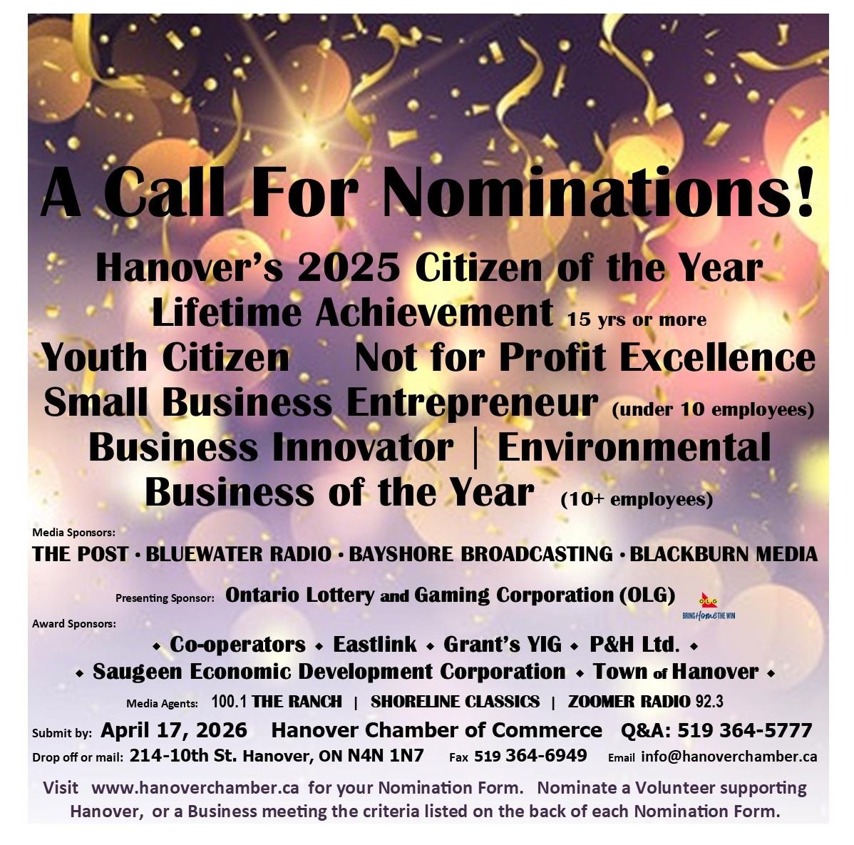 Promotional graphic with gold confetti announcing a call for nominations for Hanover’s 2025 Citizen of the Year Awards. Categories include Lifetime Achievement, Youth Citizen, Not-for-Profit Excellence, Small Business Entrepreneur, Business Innovator, Environmental Business, and Business of the Year.