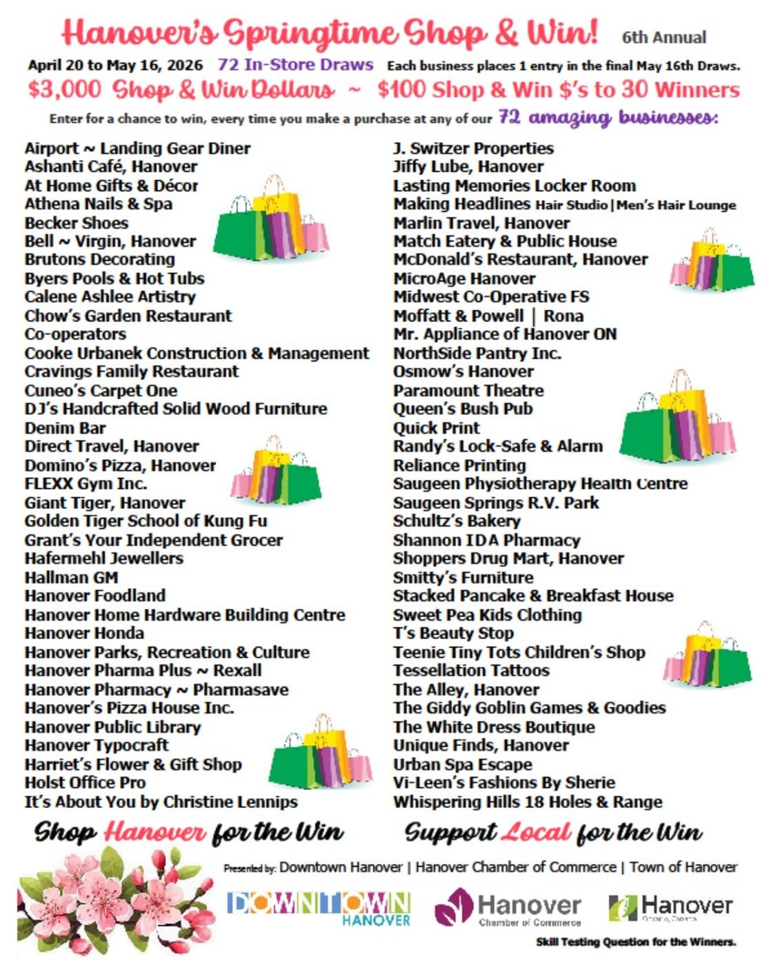 Poster for Hanover’s Springtime Shop and Win, sixth annual event, running April 20 to May 16, 2026. The poster lists 72 participating local businesses for 72 in-store draws, $3,000 in Shop and Win dollars and 30 winners of $100. Spring flowers and shopping bag graphics appear, with logos for Downtown Hanover, Hanover Chamber of Commerce and the Town of Hanover.