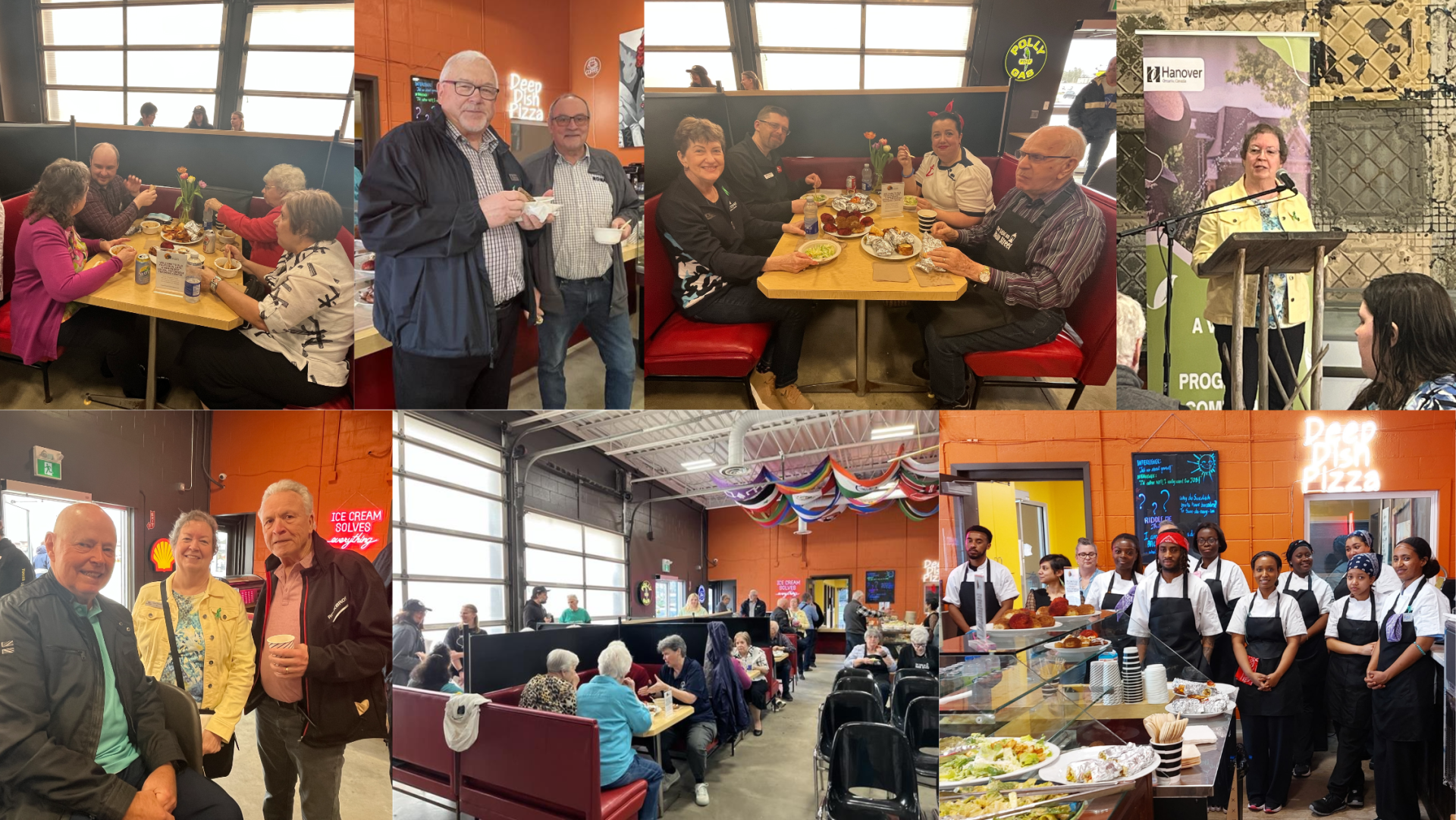 Photo collage from a Volunteer Appreciation event during National Volunteer Week at The Bodega Cafe and Pantry in Hanover. Images show groups of volunteers and community members seated at tables enjoying food, conversations in the cafe space, staff behind the food counter and a speaker at a podium with Town of Hanover signage.