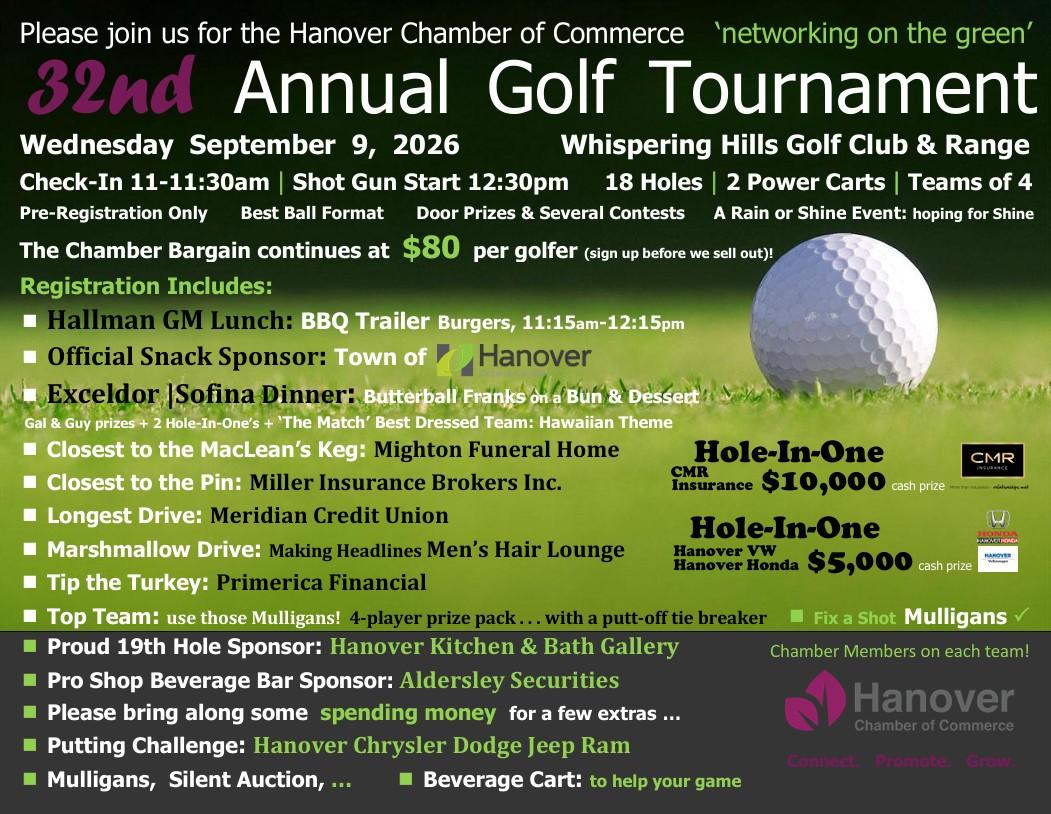 32nd Annual Golf Tournament Hanover Chamber of Commerce on Wednesday, September 9, 2026