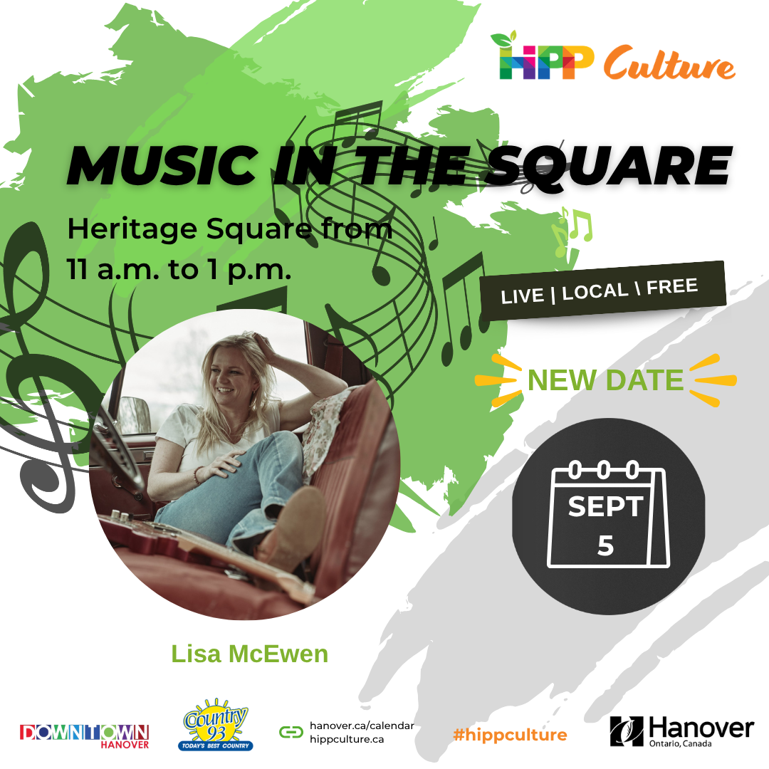 Music in the Square poster featuring a photo of Lisa McEwen sitting in the front seat of a car in jeans and a white shirt, with her hand on her head and blonde hair just past her shoulders, we acoustic guitar sits beside her. It announces the new date as September 5.
