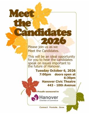 A poster with fall leaves all around, text that says, "Meet the Candidates 2026" more information provided below.