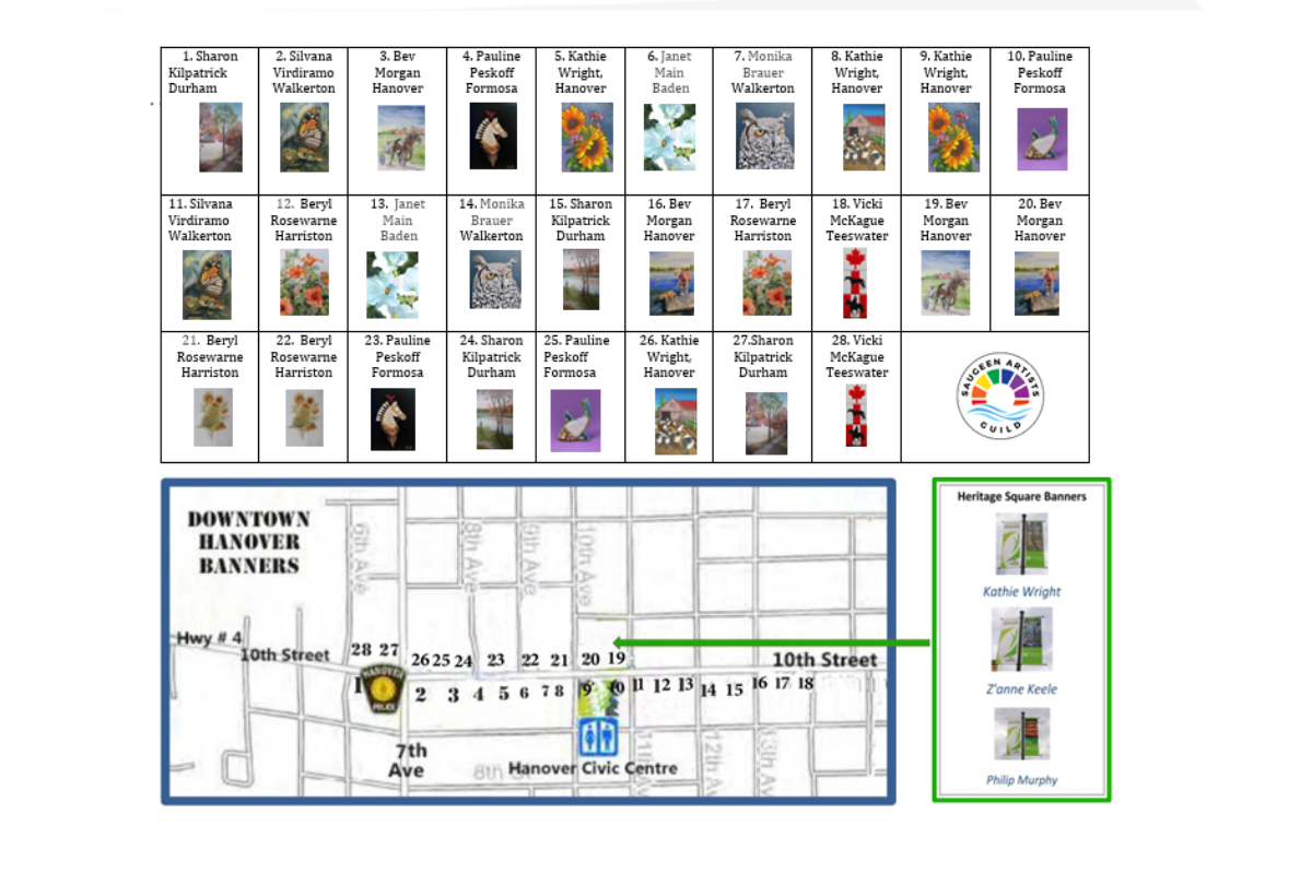 A map of the Hanover Art Banners Tour with artist details
