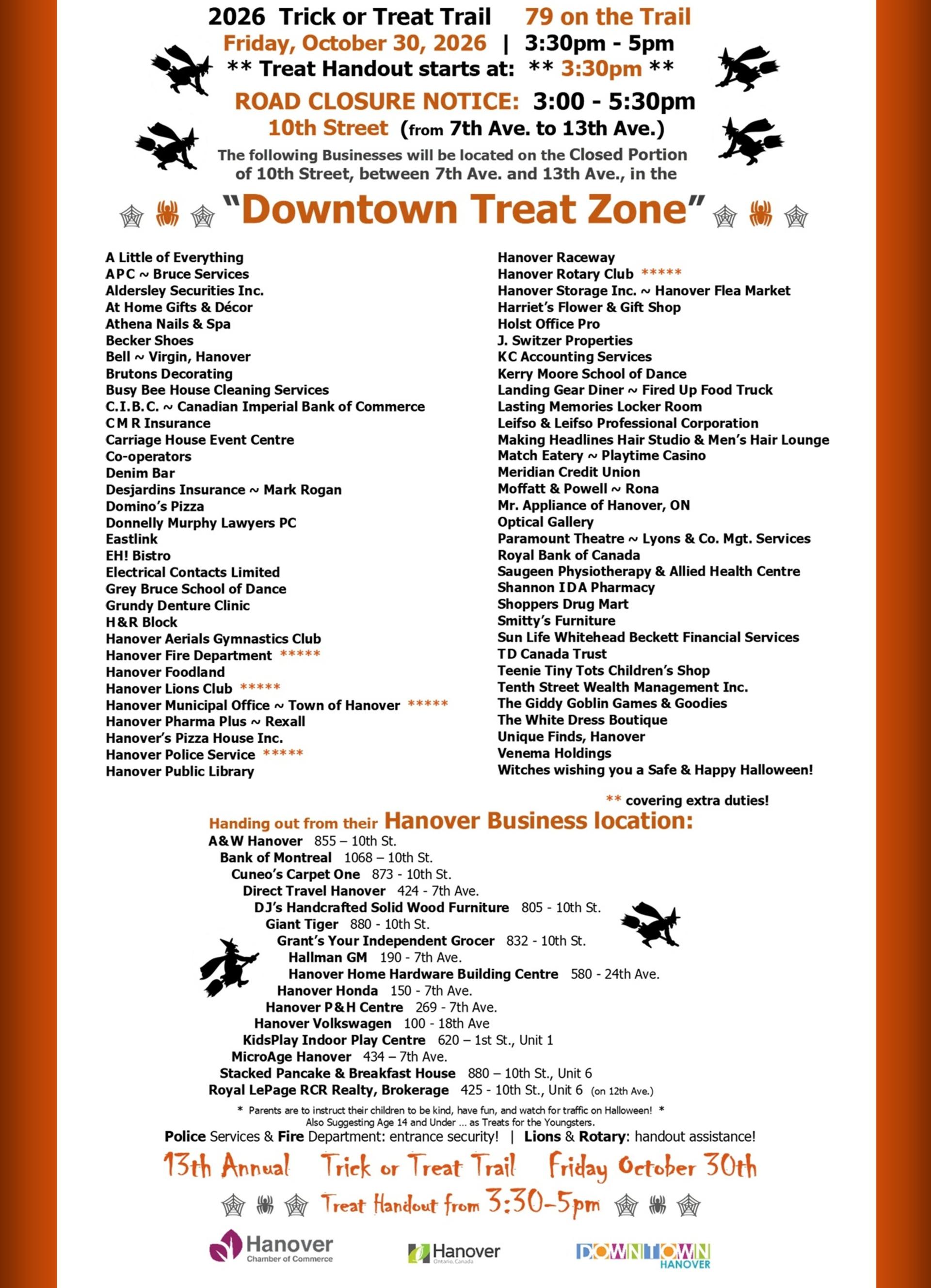 A list of businesses on the 2026 Trick or Treat Trail in Hanover