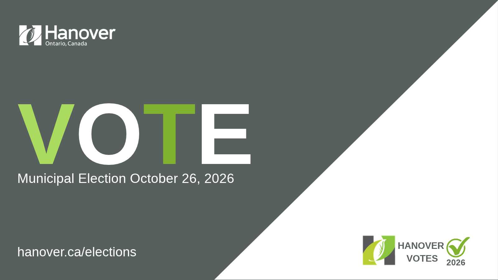 Grey background with Green and White text that says, "Vote", white text that syas, "Municipal Election October 26, 2026" visit hanover.ca/elections. with Hanover Votes Logo and Town of Hanover logo in top left corner