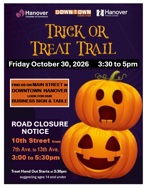 Purple background with two orange jack-o-lanterns. Trick or treat trail, Friday, October 30, 2026 from 3:30 to 5 p.m.